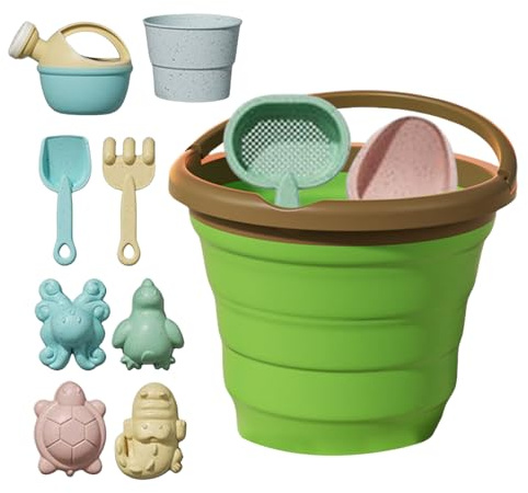 Beach Sand Toys - Travel Digging Game for Kids Ages 3+ Outdoor Activities, Folding Fruit Bucket with Ergonomic Shovels, Play Set for Backyard Camping Swimming Pool Vacation 8 Inch