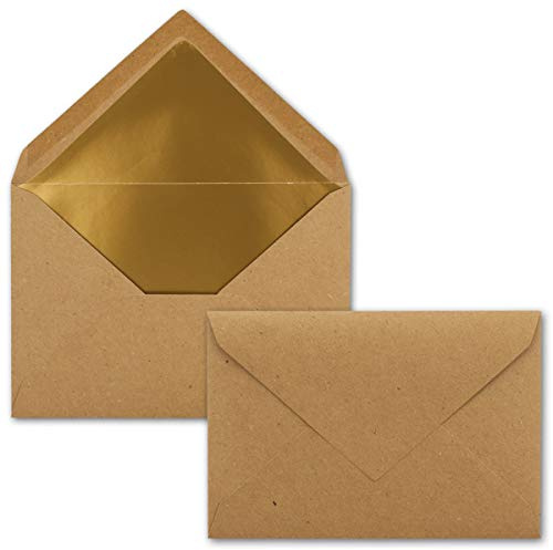 50x - Brief-Umschläge B6 mit Gold Innenfutter - 12,5 x 17,6 cm - Kraft-Papier braun Recycling Nassklebung - Vintage - UmWelt by GUSTAV NEUSER