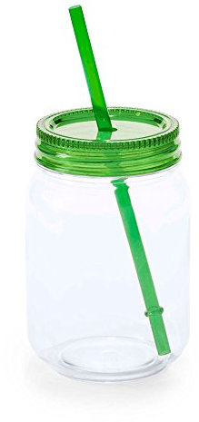eBuyGB 600 ml Plastic Multi Colour Mason Jam Cocktail Drinking Jar with Resuable Straw-BP Free Party Tumbler, x 2, BPA, Green, Pack of 2