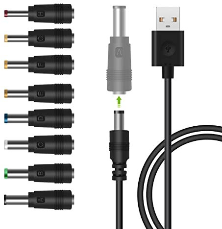 LANMU USB auf DC Stecker Kabel, 8 in 1 USB A auf Hohlstecker Ladekabel Netzkabel Stromkabel Adapterkabel mit 8 Stecker für Router, Rasierapparat, TV Box, Philips Hue Hub (1m, schwarz)