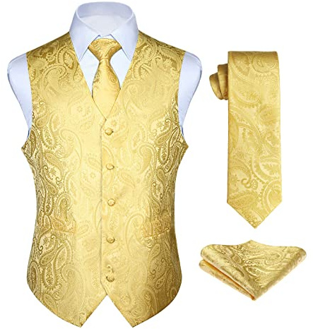 Enlision Gilet Costume or Homme Mariage Paisley Ensemble de Cravate et Pochette Jacquard Gilets sans Manche pour Fête XL