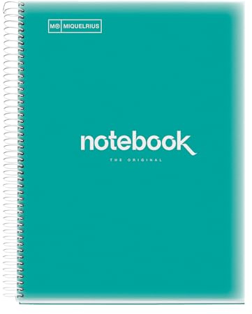 Miquelrius - Notizbuch A4 Notebook, 1 Farbiger Streifen, 80 Blatt mit Raster 5 x 5 mm, Papier 90 g/m² Mikroperforiert mit 4 Bohrungen für 4 Ringe, Bezug aus Polypropylen, Farbe Türkis | Papier 90 g/m², farbiger Seitenrand, Spiralbindung, mikroperforierte Blätter, 4 Löcher zum Abheften, Emotionen, Türkis