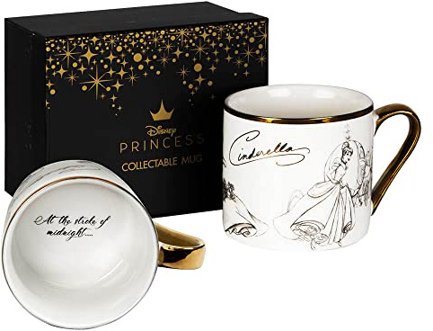 Disney Taza de cerámica coleccionable de Cenicienta clásica en caja con borde dorado y mango