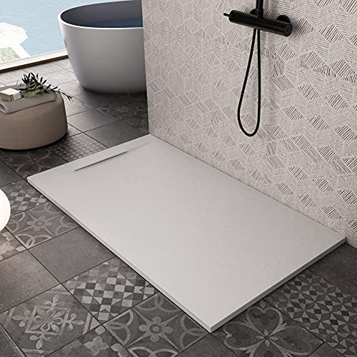 piatto doccia di colore bianco, prodotto di lusso con design moderno, serie Barcelona, in mineralmarmo con effetto pietra ardesia, gelcoat, slim 3cm 90x130