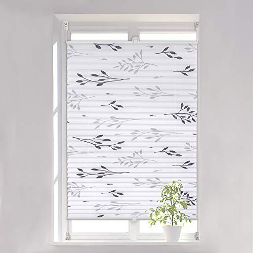 WOLTU Plissee Faltrollo Klemmfix ohne Bohren 60x130 cm Grau, Plisseerollo Easyfix mit Klemmträger, Fensterrollo mit Zweigmotiv Blickdicht Sichtschutz Sonnenschutz, Jalousie Rollo für Tür & Fenster