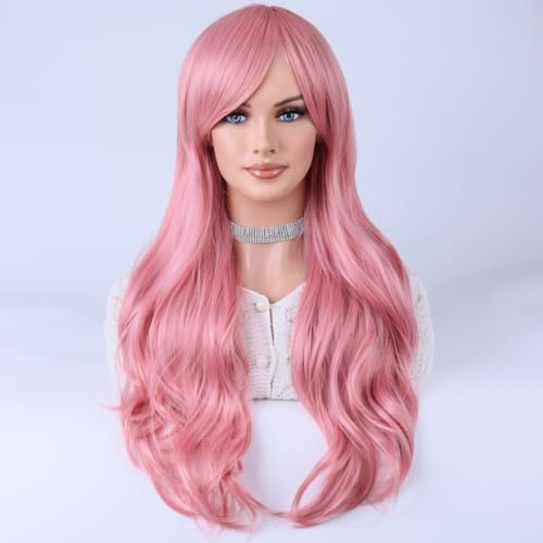 YEESHEDO Cosplay-peruker med lugg & långt, vågigt, lockigt hår för kvinnor & flickor, värmebeständig syntetisk peruk för fest, utklädnad, anime, halloween, 80 cm (32 tum) (rosa)