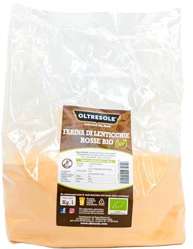 Oltresole, Farina Italiana di Lenticchie Rosse Biologica 1 Kg, Farina 100% Legumi, Senza Glutine, Ricca di Proteine, Ideale per Preparazioni Dolci e Salate
