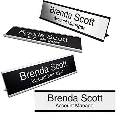 2 x 8 Personalized Aluminum Name Plates, Custom Office Desk or Wall Name Plates with Two Lines of Custom Texts, Three Name Plate Colors Silver, White, Black, Holders are Optional