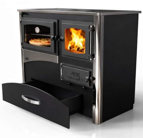 Kaminofen mit Backfach und Herdplatte mit Glaskeramik ABC Concept 2 Air Links Mehrfachbelegung Holzofen 11,6 kW Kamin Ofen Holz Werkstattofen Schwedenofen Hüttenofen Heizofen Holzofen