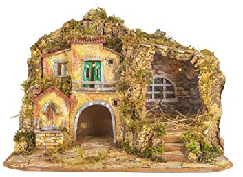 Holyhome Krippe Pandorino Neapolitano 50 x 40 x 37 cm (19,68 x 15,74 x 14,56 Zoll) mit Lichtern und Wasserfall, Struktur hergestellt und handbemalt, Made in Italy