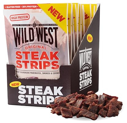 Wild West Steak Strips, 16 x 60 g de viande de boeuf déshydratée, bœuf Jerky haute protéine, collation protéinée