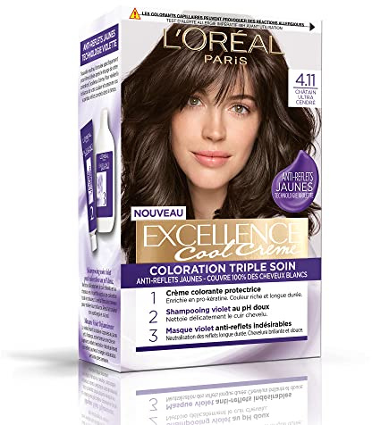 L'ORÉAL PARIS - Permanente Haarfarbe, dreifache Pflege, blendfrei, gelb, deckt 100% weißes Haar ab – Excellence Cool Creme – Nuance: Ultra Aschbraun (4.11)