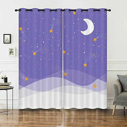 HOSIMA Mond und Stern vorhänge Blickdicht mit ösen Verdunkelungsvorhänge,2-Set 117x183cm Violett Meteor Glitzerstern Muster Aquarell für Schlafzimmer(Mond und Stern3 117x183cm)