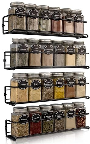 bekväm kryddhylla vägg, 4 x kryddhylla hängande av metall för 24 glas – 29 x 6 x 6 cm – kryddorganisatör inkl. monteringsmaterial för limning eller borrning (Svart)