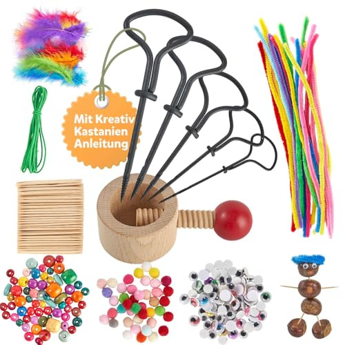 Kastanienbohrer Set mit Kastanienhalter, Kastanien Bastelset Kinder, Kastanienset zum Basteln mit Kastanien, Herbst Kastanienmännchen DIY Set, 1,5-5 mm Bohrer Kastanien, Mit DIY Bastel Zubehör