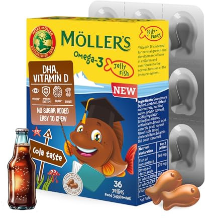 Möller's Omega 3 Kapseln für Kinder | Natürliche Omega 3 Fischtran mit Cola | Mit DHA und EPA | Leicht zu kauen | Ohne Gluten, Laktose und Zucker | 36 Stück