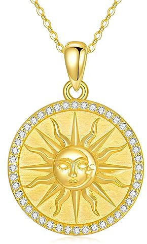 YAFEINI Sonne Münze Kette für Damen 925 Sterling Silber Gold Sonne und Mond Anhänger Halskette Sonne Geburtsstein Schmuck Geschenk
