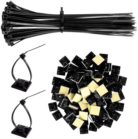 Thgtao Bridas con base adhesiva, soporte para bridas autoadhesivo, 100 unidades para bridas y 20 x 20 mm juego de zócalos adhesivos, soporte adhesivo para la gestión de todo tipo de cables (negro)