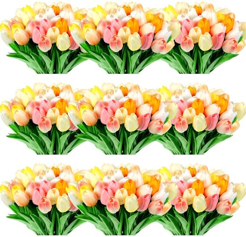Jexine 100 Pcs Artificial Real Tulips Fake Artificial Tulip Flower Bulk Bouquet with Stem for Table Centerpieces Wedding Bridal Easter Mother's Day Garden Home Decor, 13.4''(Colorful)
