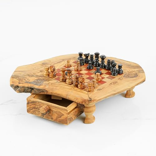 Schachspiel Holz, Schachbrett aus Olivenholz, Brettspiel Holz, Handgefertigt,100 Bio, rustikal mit Schublade, Schachbrett aus Olivenholz mit Füße inkl. Figuren, einzigartige Schachgeschenke (Rot)