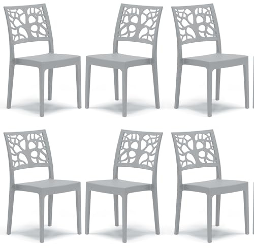 Set 6 sedie in polipropilene TETI, MADE IN ITALY, impilabile, idrorepellente, resistenza raggi UV, design moderno albero della vita per sala da pranzo, cucina, bar, ristoranti, esterno (Cemento, 6)