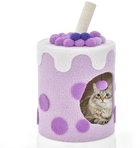 GOPLUS Árbol Rascador para Gatos de Taza de Té Boba de 67 CM, Torre para Gatos Multifuncional con Poste, Juguete de Bola Colgante, Casa para Gatos de Lujo Moderna con Cojín Suave, 37x37x67cm (Violeta)