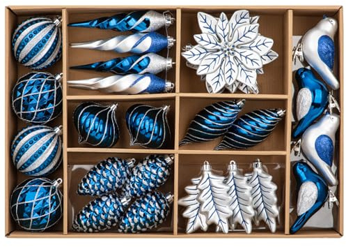 Briful 30ct Christmas Ornaments Set Christmas Tree Ornaments Decorations, Blue Silver Assorted Flowers Leaf Birds Icicle Pine Cone Christmas Ball Baubles for Xmas Birthday Winter Holiday Wedding