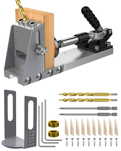 Pocket Hole Jig Kit, 31 Pcs Pocket Hole Drill Guide Jig Set for 15° Angled Holes, Adjustable and Easy to Clean All Metal Pocket Screw Jigs for DIY Carpentry Projects (Metallic Colour) | 15° Angled Hole Guide, Adjustable Metal Jig, Easy Clean Design, Pocket Screw Jig, DIY Carpentry, Furniture Repair,Woodworking