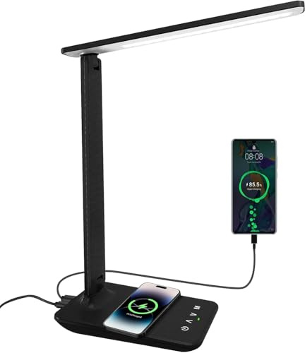 joyshie UK Plug Wireless Charging Desk Lamp - Dimmable LED Table Lamp with USB Port, 5 Lighting Modes, Touch Control for Study, Reading, Bedroom, Office (Energy Efficient)