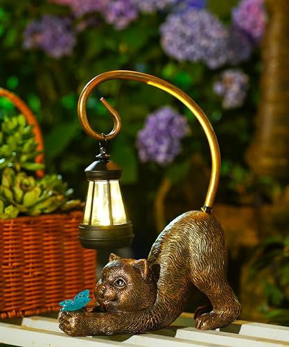 Goodeco Katze Figur Solar Garten Dekor Schwanz Hängende Solar Lampe Haus Rasen Dekor Affen Garten Zubehör für Patio,Balkon,Katze Geschenke für Frauen/Liebhaber/Mutter Groß 30cm