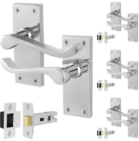 EAI Polished Chrome Door Handles with Latch 64mm, 4 Pack - Victorian Scroll | Complete Latch Kit with 4 Pairs of Victorian Scroll Lever on Backplate Door Handles, 64mm Latches, Fixings Included