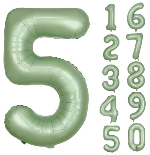 Grün Luftballon 5 Olivgrün Nummer 5 Folienballon Salbeigrün 5 Ballons 40 Zoll Mylar Helium Ballon für Geburtstag Party Dekorationen Mädchen Jungen Baby Dusche Hochzeit Jahrestag Deko (Nummer 5)