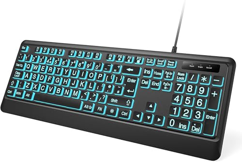 BERGUF Tastiera grande con 7 colori intercambiabili, retroilluminazione, con cavo USB, plug and play, supporto pieghevole, tastiera con cavo full size per Windows, PC, laptop (grande)
