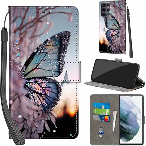 Handyhülle für Samsung Galaxy S22 Ultra Leder Wallet Tasche Baum | 3 Kartenfächer & 1 Geldfach, Magnetverschluss, Ständerfunktion, robuste premium PU leder klapphülle für Samsung S22 Ultra