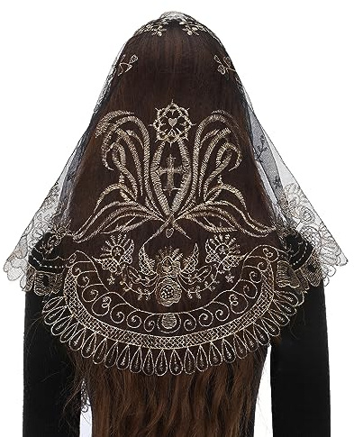 Bozidol Religiöser Schleier, dreieckig, für Damen, religiöses Accessoire mit Stickerei, Schleier aus Spitze, Sheer für Damen, Schwarz-Gold, Régulier