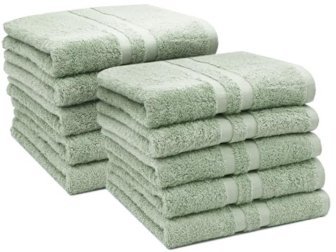 ZOLLNER Set de 10 Serviettes en 50x100 cm - Linge de Douche Moelleux en Coton - avec Bordure Moderne à Rayures - Lavable jusqu'à 60°C - avec accroche Pratique - en Sauge - qualité hôtelière