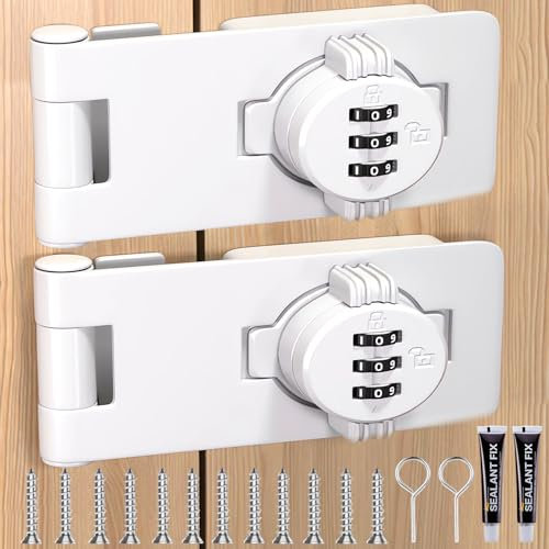 Bifold Door Lock - 2 Pack White Sliding Closet Locks for Double Doors Cabinet Lock Anti-Pry 3-Digit Password Combination Twist Knob Hasp Latch Locks for Barn Door Cupboard Pantry