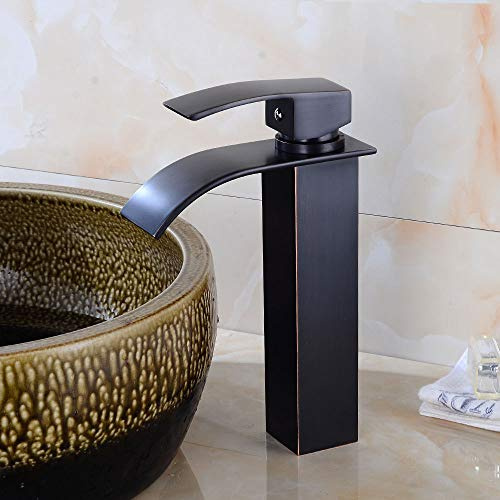 Lavandino Nero con grondaia, Miscelatore per Acqua Calda e Fredda, lavabo in Rame con Cascata, Maniglia Singola Quadrata,