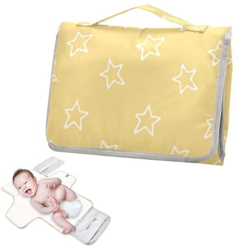 Wiederverwendbare tragbare Wickelunterlage mit Taschentuchtasche, Wickelunterlagen für Wickeltisch, Reisestation, Set, abstrakte Sterne, gezeichnete, kräftige Linien, Gelb