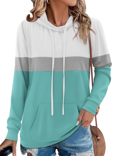 Chicrise Sudaderas con Capucha para Mujer, Cuello Redondo, Manga Larga, con Bolsillo, Sudadera con A Rayas, Punto Informal Blanco Azul Mediano 38-40 M