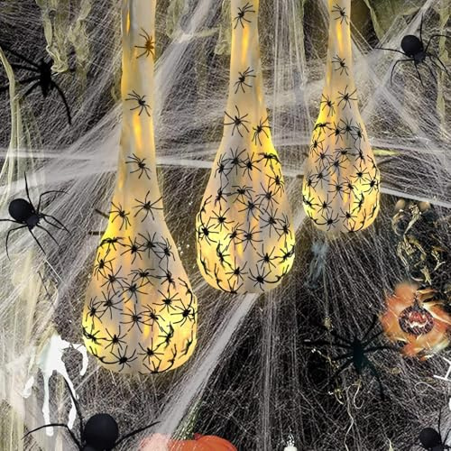Ragnatele di Halloween, Ragnatela Di Halloween Bianca Da 3 pezzi Con 60 Ragni Neri Spaventosi,Ragnatele Elastiche decorazioni halloween esterno, Per La Decorazione Della Casa Stregata,Scena Spaventosa