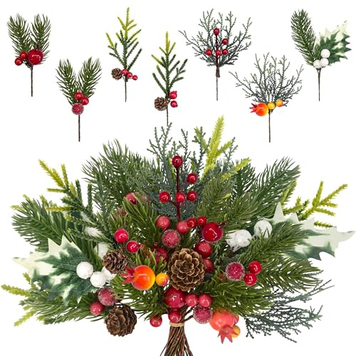 20pcs Künstliche Tannenzweige mit Tannenzapfen Kiefer (Rote Beeren Grün) | Weihnachten Streudeko mit Roten Beeren & Kiefer Zweige Deko, Kunstzweige Weihnachtszweige Weihnachtsgesteck, DIY Adventskranz