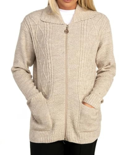 Womens Cable Knitted Zip Up CollaStone Cardigan, Ladies Long Sleeve 2 Pocket Chunky Knitwear Sweater Winter Warm Cardigans (Stone, 12-14)