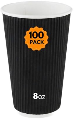 My Packaging 8oz Ripple Black Paper Cups for Hot Drinks – Strong Triple Wall Insulated Black Coffee Cup. Reusable, Recyclable, Disposable Takeaway Tea Cups, Without Lids. Hot Drinks Cups. x 100 Pack