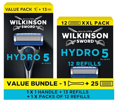 Wilkinson Sword - Hydro 5 Rasierer für Männer, Rasiergriff + Rasierklingen, Feuchtigkeitsspendende Gel-Pools und umklappbarer Trimmer