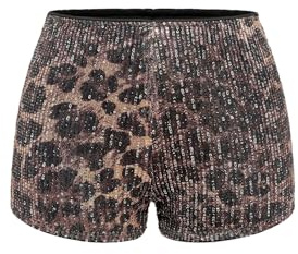 GORGLITTER Damen Pailletten Shorts Y2K Party Leoparden Shorts Rave Kurz Hosen Mit Reißverschluss Minishorts Hotpants Festival Outfit