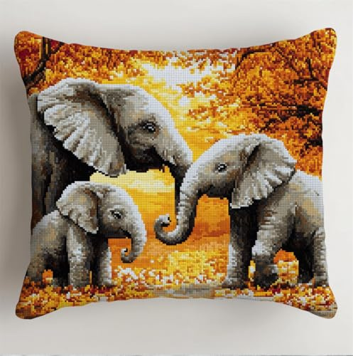 Taxpy Latch Hook Kits Pillow Elephant and Baby Elephant 17X17 in Printed Canvas Cushion Crochet Yarn Needlework Hook Latch DIY Kit Embroidery Pillowcase Rug Cover Home Sofa Christmas Decoration