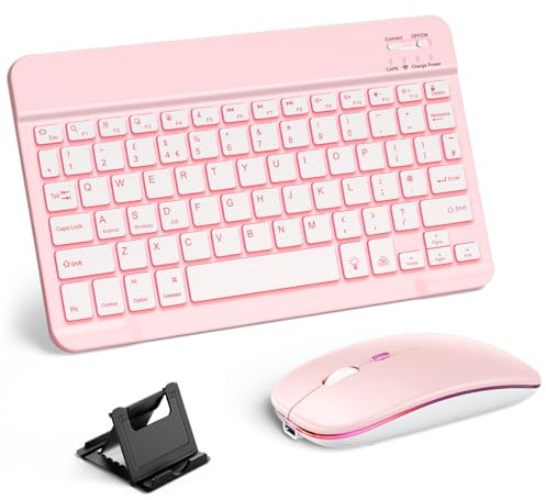 Vobafe Bluetooth Keyboard and Mouse Set with Phone Holder, Backlight | Quiet Rechargeable Wireless Keyboard and Mouse for iPad/Samsung/iOS/Android/Windows, Ultra-thin keyboard, UK layout, Pink