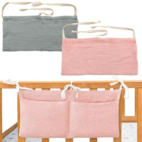 JYNVO Organizador colgante para cuna de bebé, 2 piezas, con 2 bolsillos, bolsas de almacenamiento para pañales, ropa y juguetes (azul, marrón)