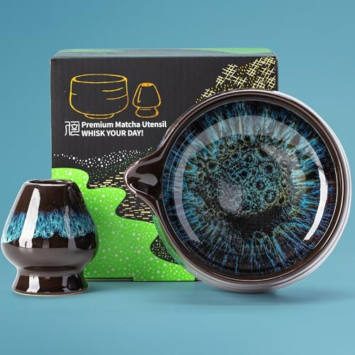 TEANAGOO Juego de 2 cuencos para matcha con boquilla, de cerámica de 510 ml y soporte para batidor, matcha chawan azul con soporte, cuenco para mezclar té verde, regalo para amigos/familiares